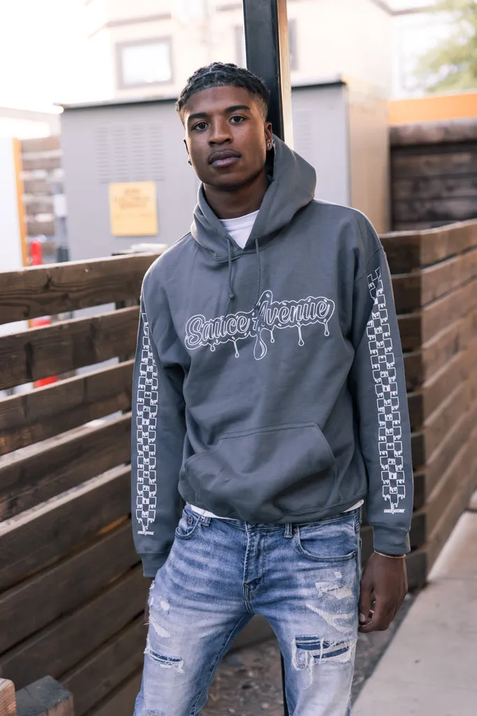 White Outline SA Drip | Smoky Gray Hoodie (Outline Checkered Drippin Sleeve)