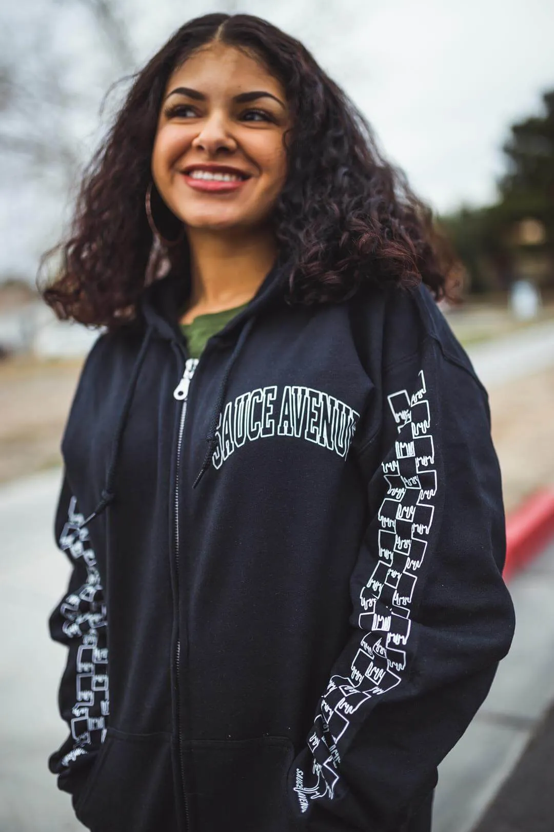 White SA Curve Outline | Black Zip Up Jacket (Outline Sleeves)
