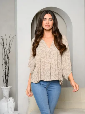 WOMEN'S 3/4 SLEEVE BOHO V-NECK VINTAGE PRINT TOP
