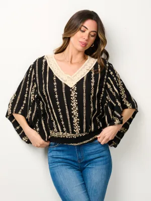 WOMEN'S 3/4 SLEEVE V-NECK EMBROIDERY BLOUSE TOP