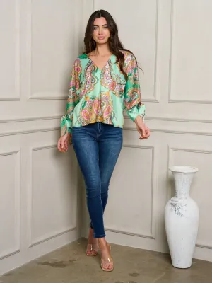 WOMEN'S 3/4 SLEEVE V-NECK MULTI PRINT TOP