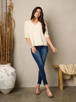 WOMEN'S 3/4 SMOCK SLEEVES V-NECK TUNIC TOP