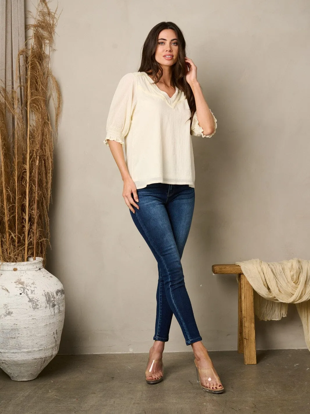WOMEN'S 3/4 SMOCK SLEEVES V-NECK TUNIC TOP