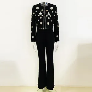 Women's Boutique Fashion Pant Suit Embellished with Beads Pearls and Rhinestones Cropped Jacket and Flare Slit Pants