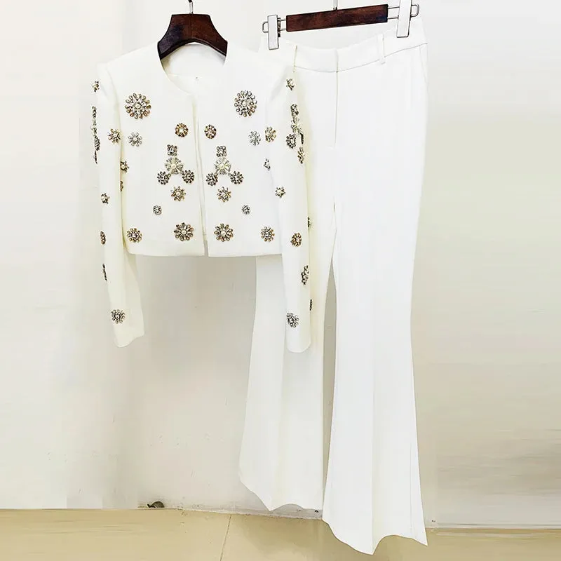 Women's Boutique Fashion Pant Suit Embellished with Beads Pearls and Rhinestones Cropped Jacket and Flare Slit Pants