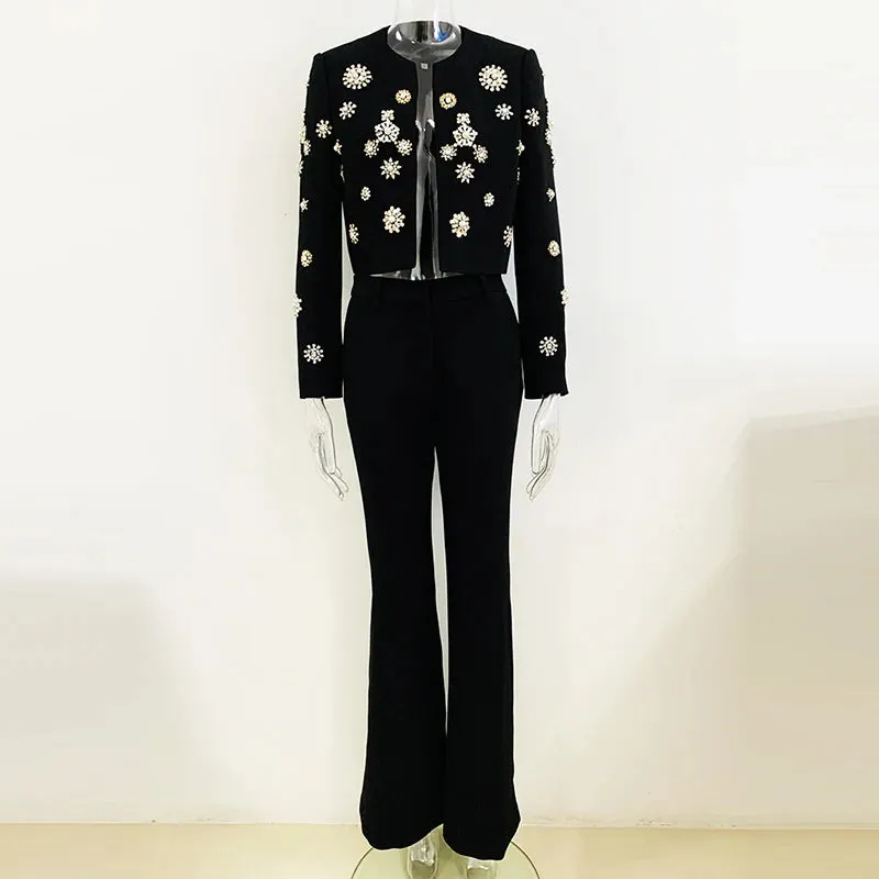 Women's Boutique Fashion Pant Suit Embellished with Beads Pearls and Rhinestones Cropped Jacket and Flare Slit Pants