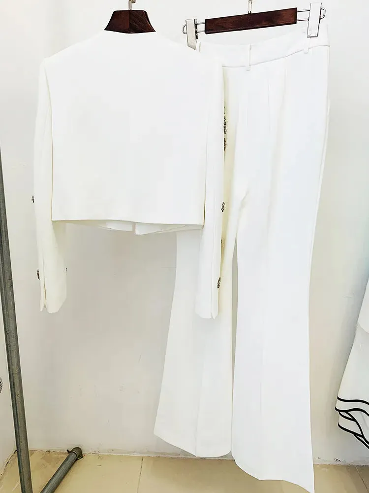 Women's Boutique Fashion Pant Suit Embellished with Beads Pearls and Rhinestones Cropped Jacket and Flare Slit Pants