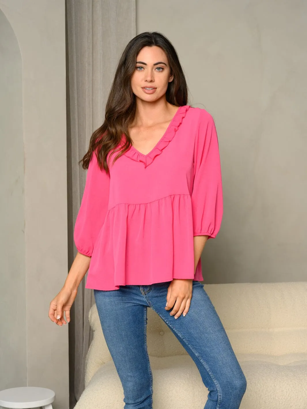 WOMEN'S FRILL V-NECK BUBBLE 3/4 SLEEVE BABYDOLL SOLID TOP