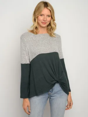 WOMEN'S FRONT KNOT COLOR BLOCK LONG SLEEVE TOP