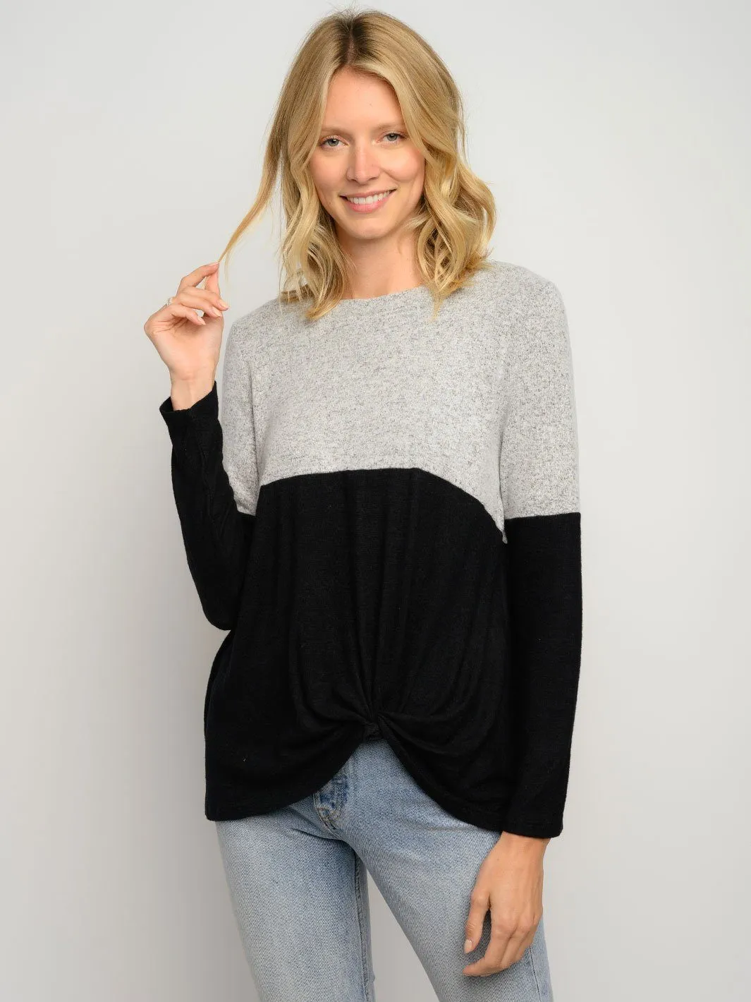 WOMEN'S FRONT KNOT COLOR BLOCK LONG SLEEVE TOP