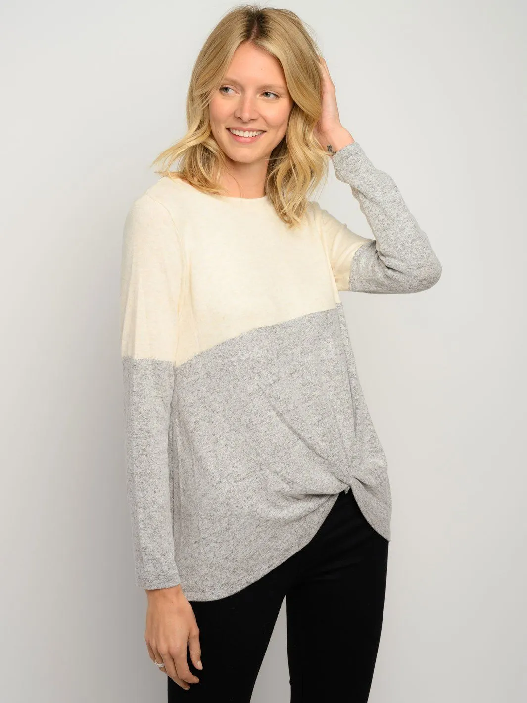 WOMEN'S FRONT KNOT COLOR BLOCK LONG SLEEVE TOP