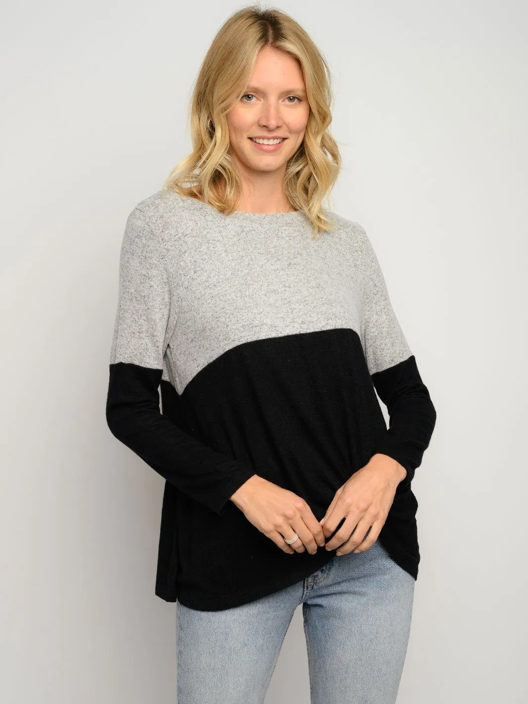 WOMEN'S FRONT KNOT COLOR BLOCK LONG SLEEVE TOP