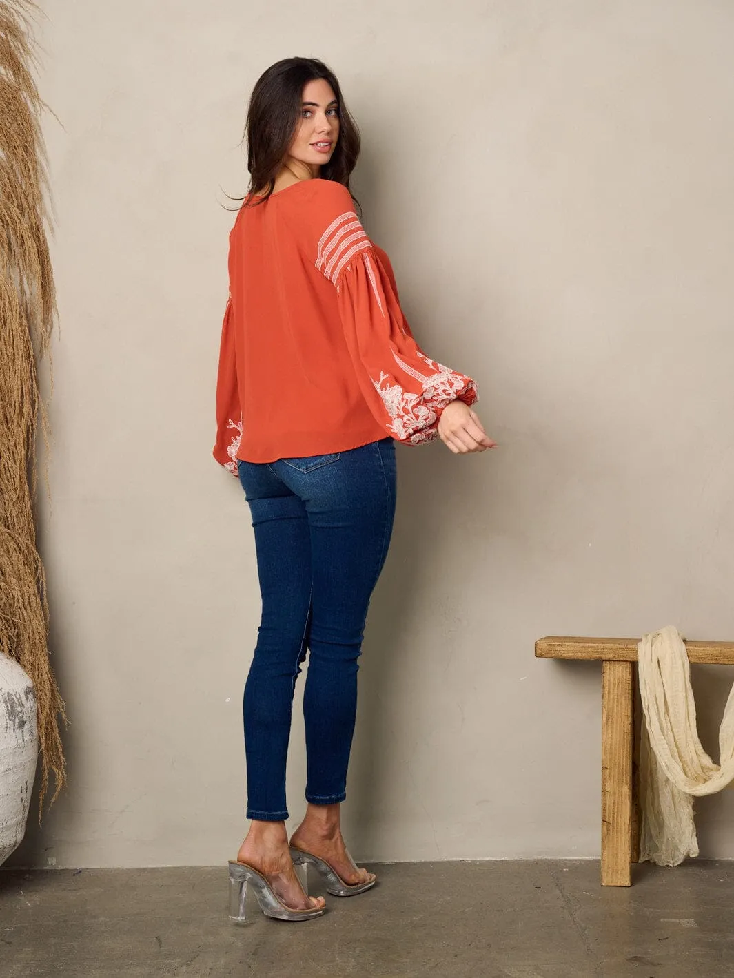 WOMEN'S LONG BALLON SLEEVE V-NECK EMBROIDERY TOP