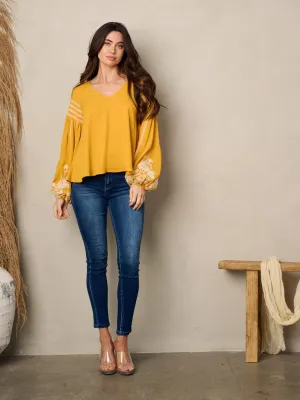 WOMEN'S LONG BALLON SLEEVE V-NECK EMBROIDERY TOP