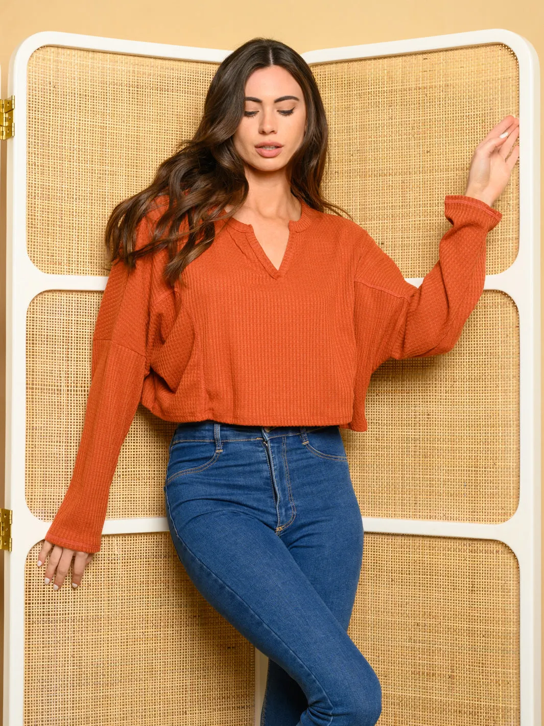 WOMEN'S LONG BELL SLEEVE KNIT V-NECK TOP