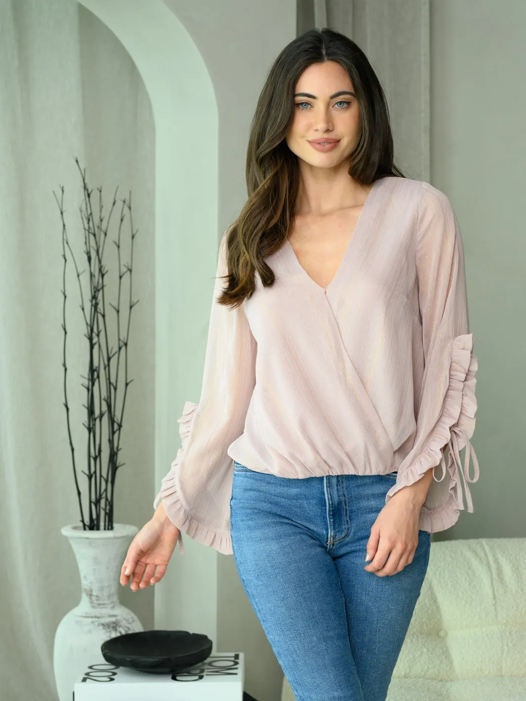 WOMEN'S LONG BELL SLEEVE SURPLICE TOP