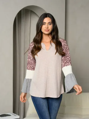WOMEN'S LONG BELL SLEEVE V-NECK MULTI COLOR TUNIC TOP