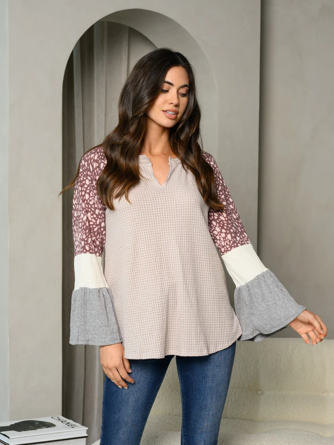WOMEN'S LONG BELL SLEEVE V-NECK MULTI COLOR TUNIC TOP