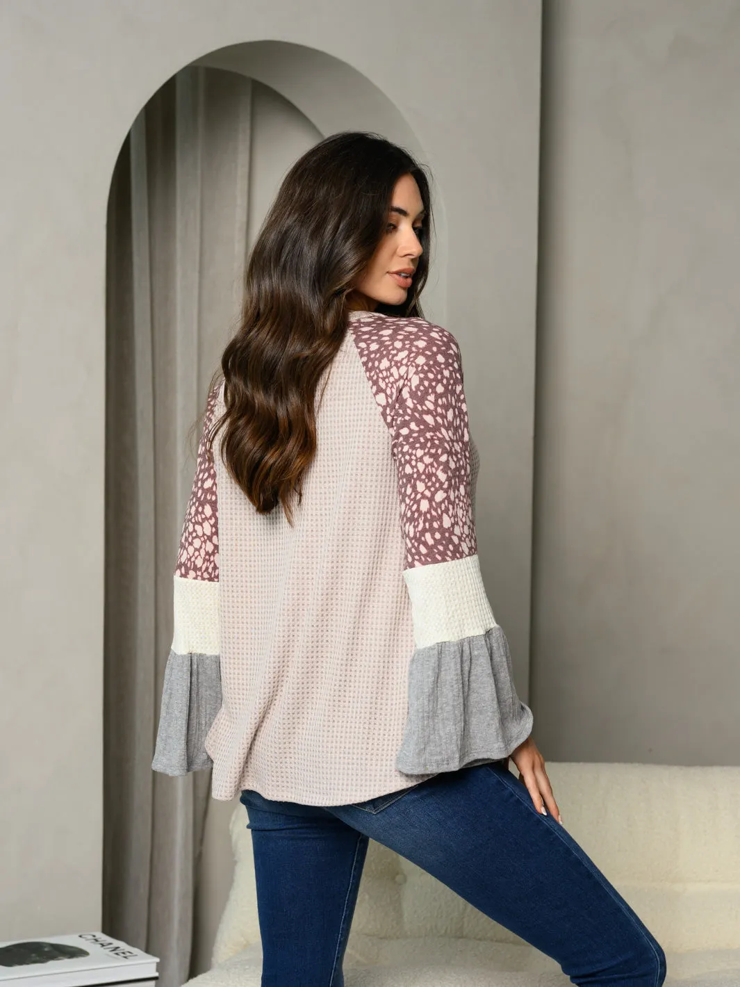 WOMEN'S LONG BELL SLEEVE V-NECK MULTI COLOR TUNIC TOP