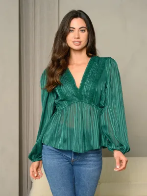 WOMEN'S LONG PUFF SLEEVE V-NECK SHIMMER DETAILED TOP