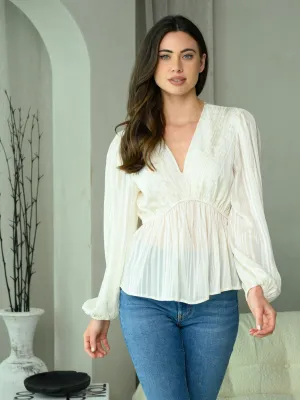 WOMEN'S LONG PUFF SLEEVE V-NECK SHIMMER DETAILED TOP