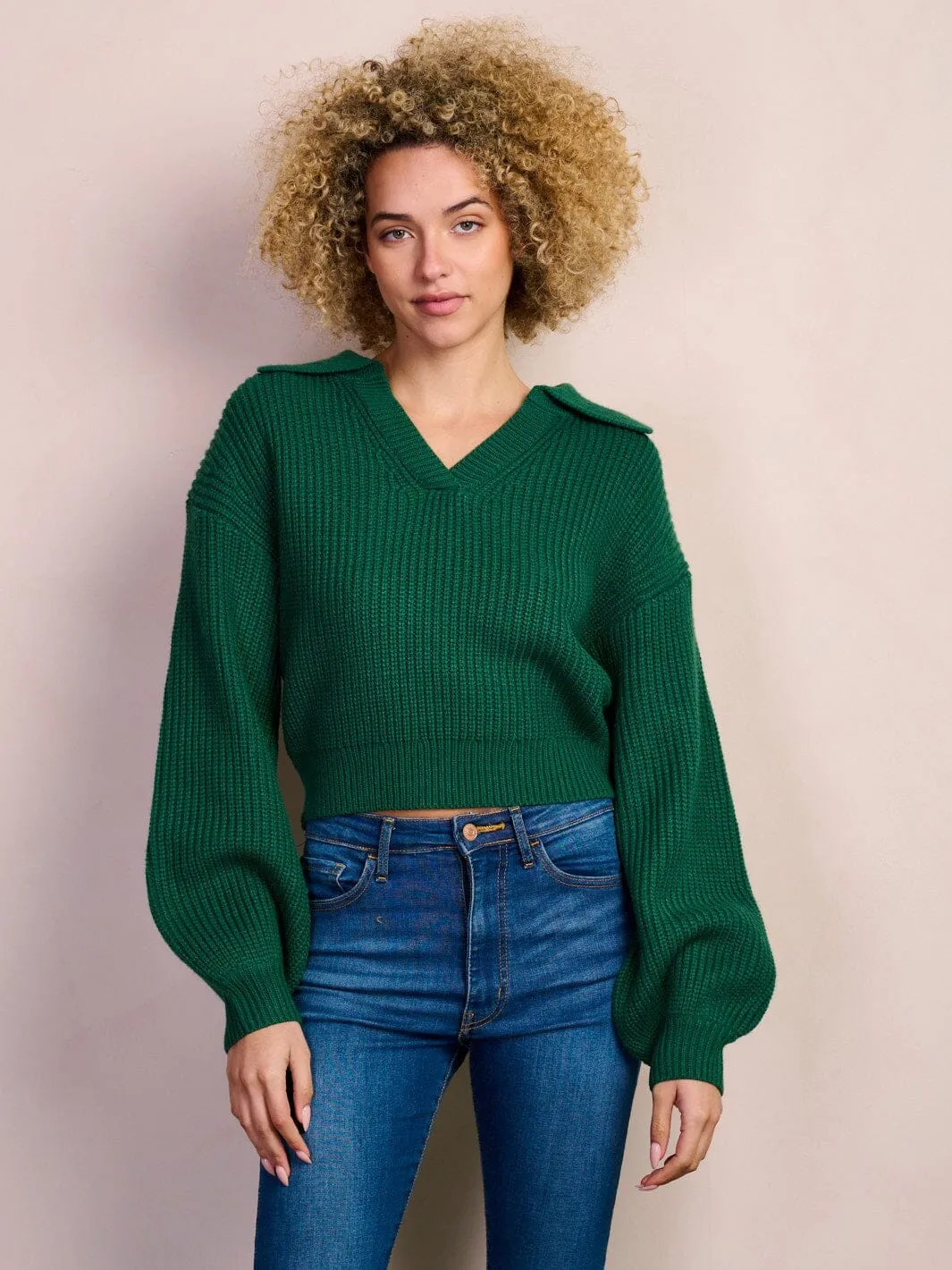 WOMEN'S LONG PUFF SLEEVE V-NECK SWEATER TOP