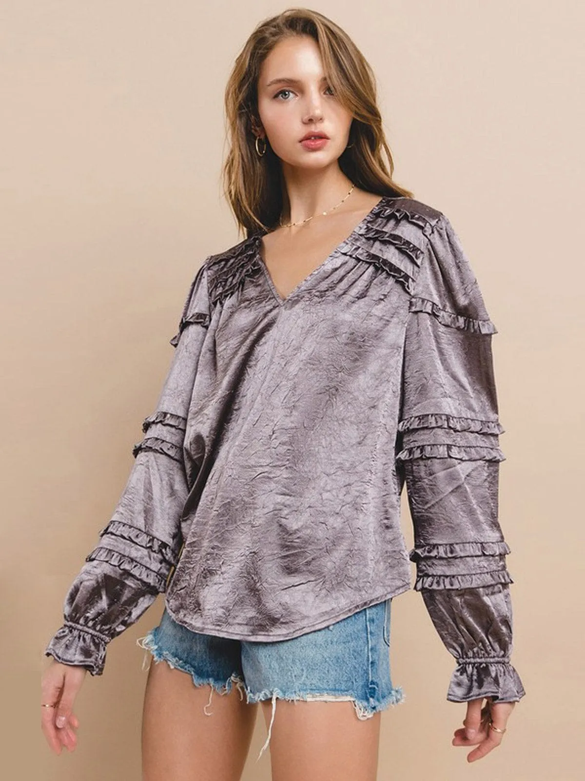 WOMEN'S LONG RUFFLE SLEEVE V-NECK BLOUSE TOP