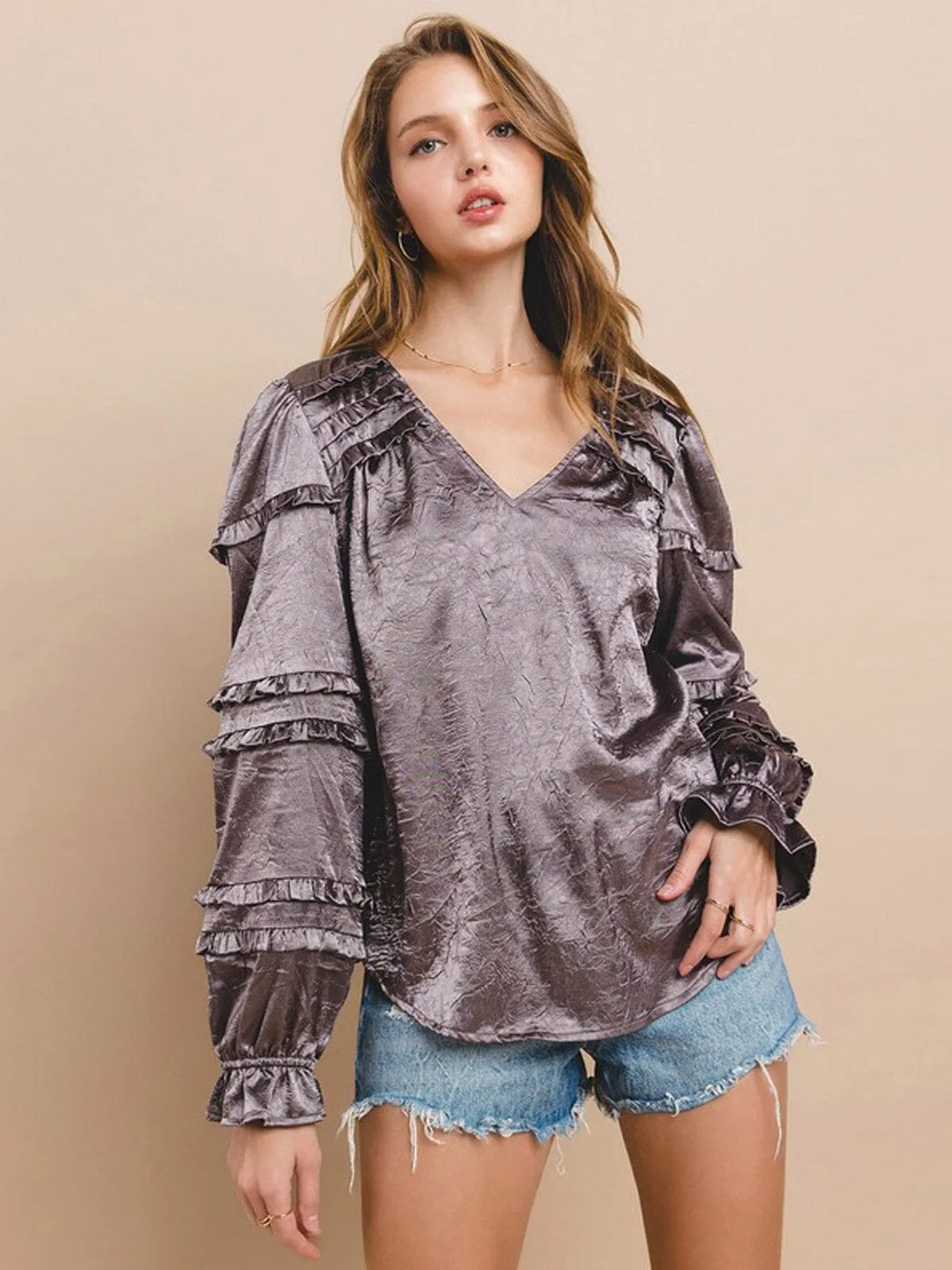 WOMEN'S LONG RUFFLE SLEEVE V-NECK BLOUSE TOP