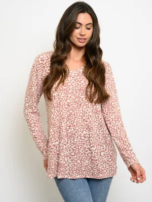 WOMEN'S LONG SLEEVE ANIMAL PRINT V-NECK TOP