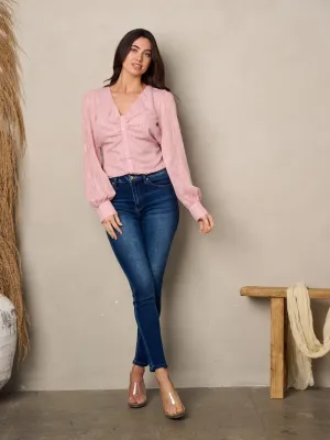 WOMEN'S LONG SLEEVE BUTTON SWISS DOT TOP