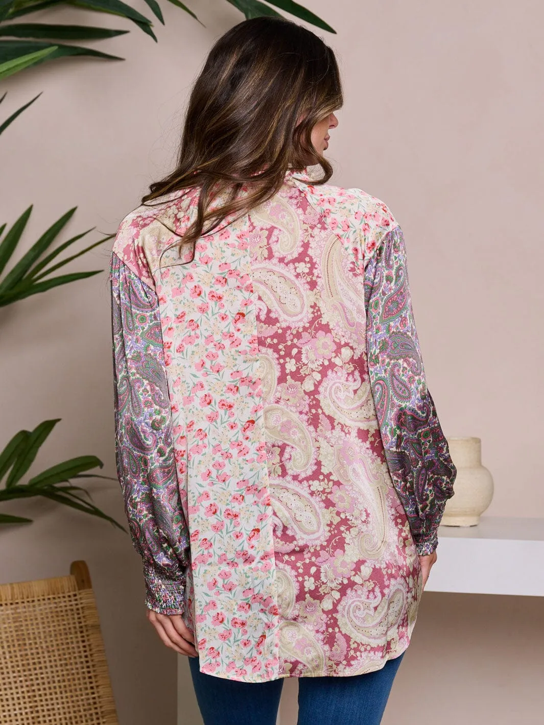 WOMEN'S LONG SLEEVE BUTTON UP MULTI PRINT BLOUSE TOP