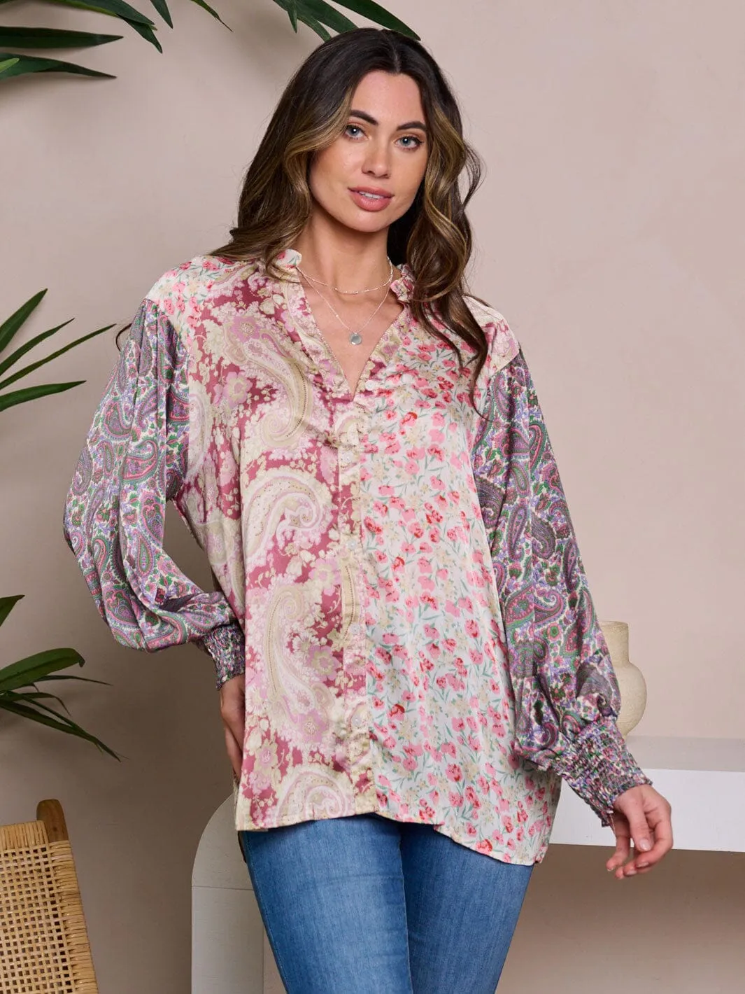 WOMEN'S LONG SLEEVE BUTTON UP MULTI PRINT BLOUSE TOP