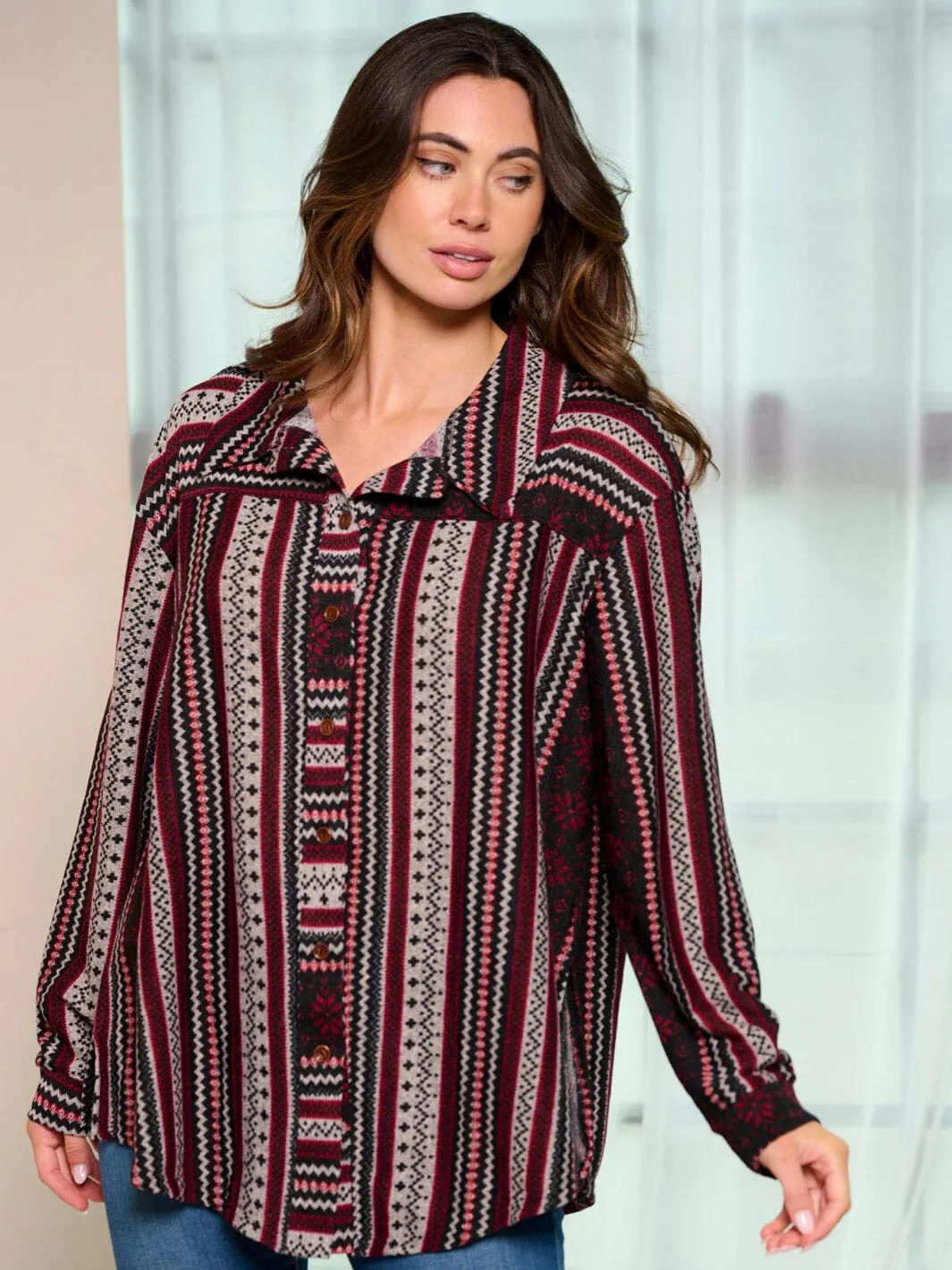 WOMEN'S LONG SLEEVE BUTTON UP MULTI PRINT BLOUSE TOP