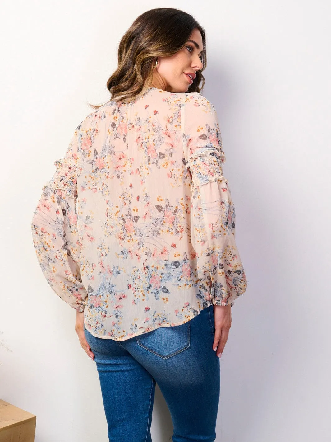 WOMEN'S LONG SLEEVE BUTTON UP RUFFLE FLORAL BLOUSE TOP