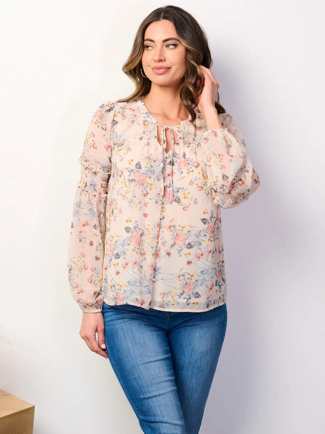 WOMEN'S LONG SLEEVE BUTTON UP RUFFLE FLORAL BLOUSE TOP