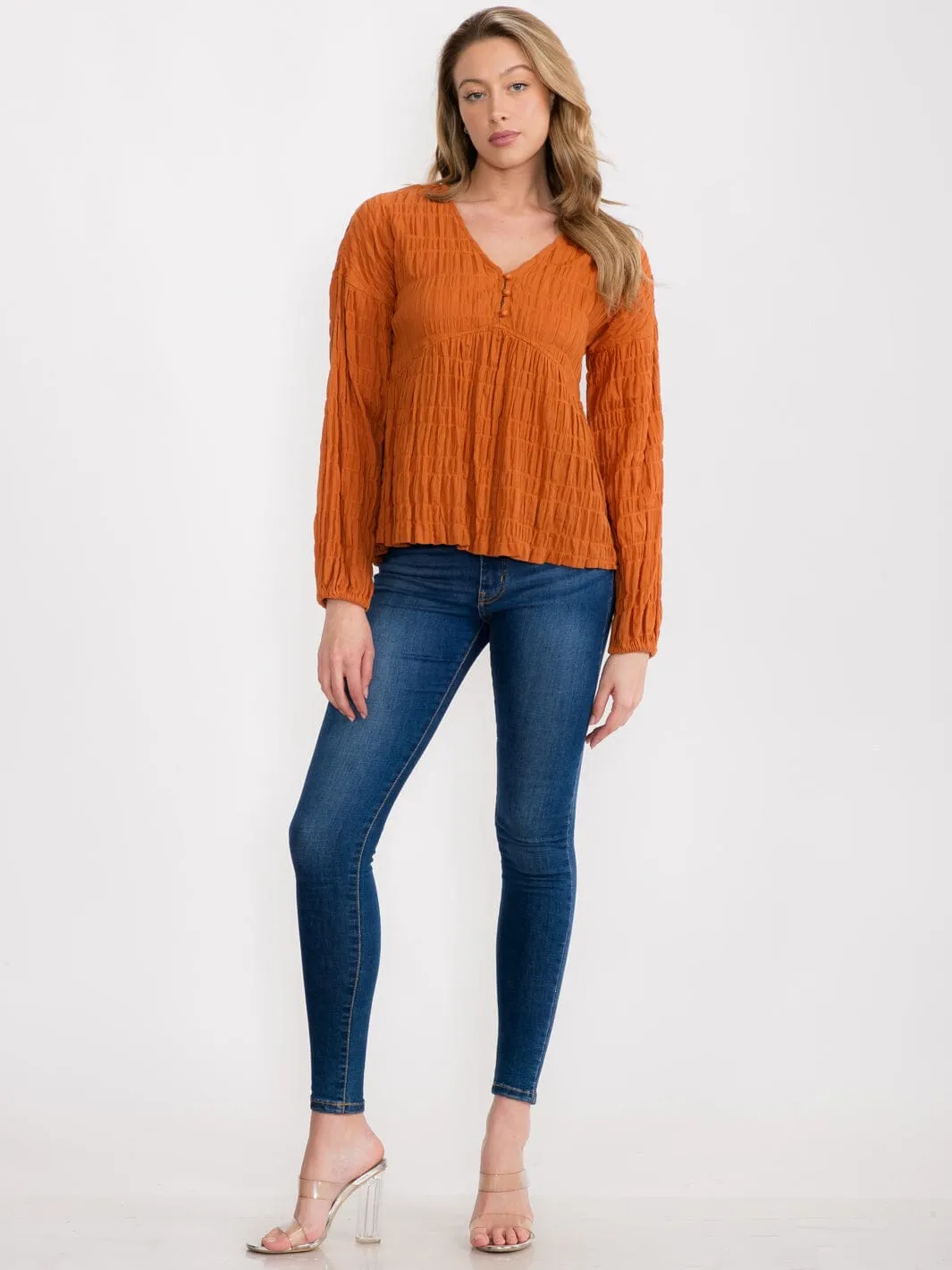WOMEN'S LONG SLEEVE BUTTON UP V-NECK BLOUSE
