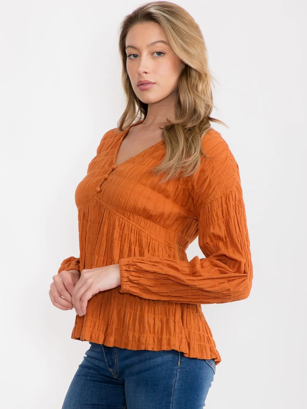 WOMEN'S LONG SLEEVE BUTTON UP V-NECK BLOUSE