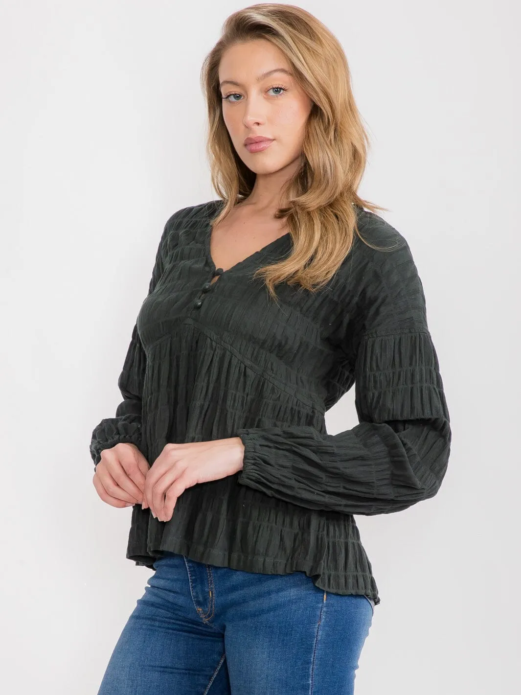 WOMEN'S LONG SLEEVE BUTTON UP V-NECK BLOUSE