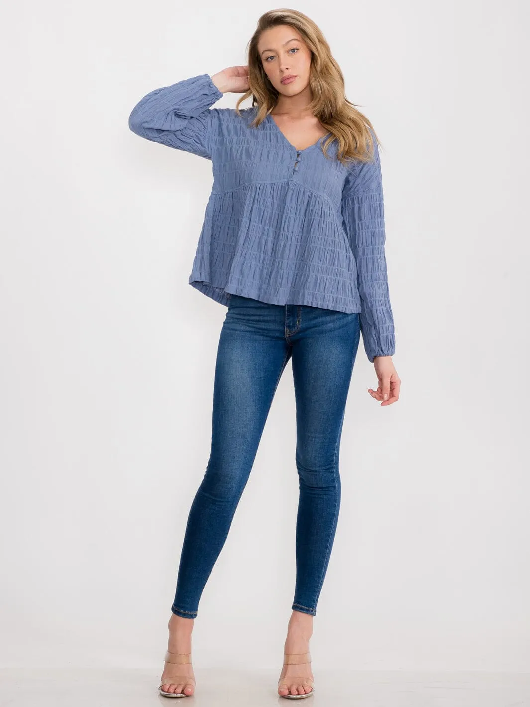 WOMEN'S LONG SLEEVE BUTTON UP V-NECK BLOUSE