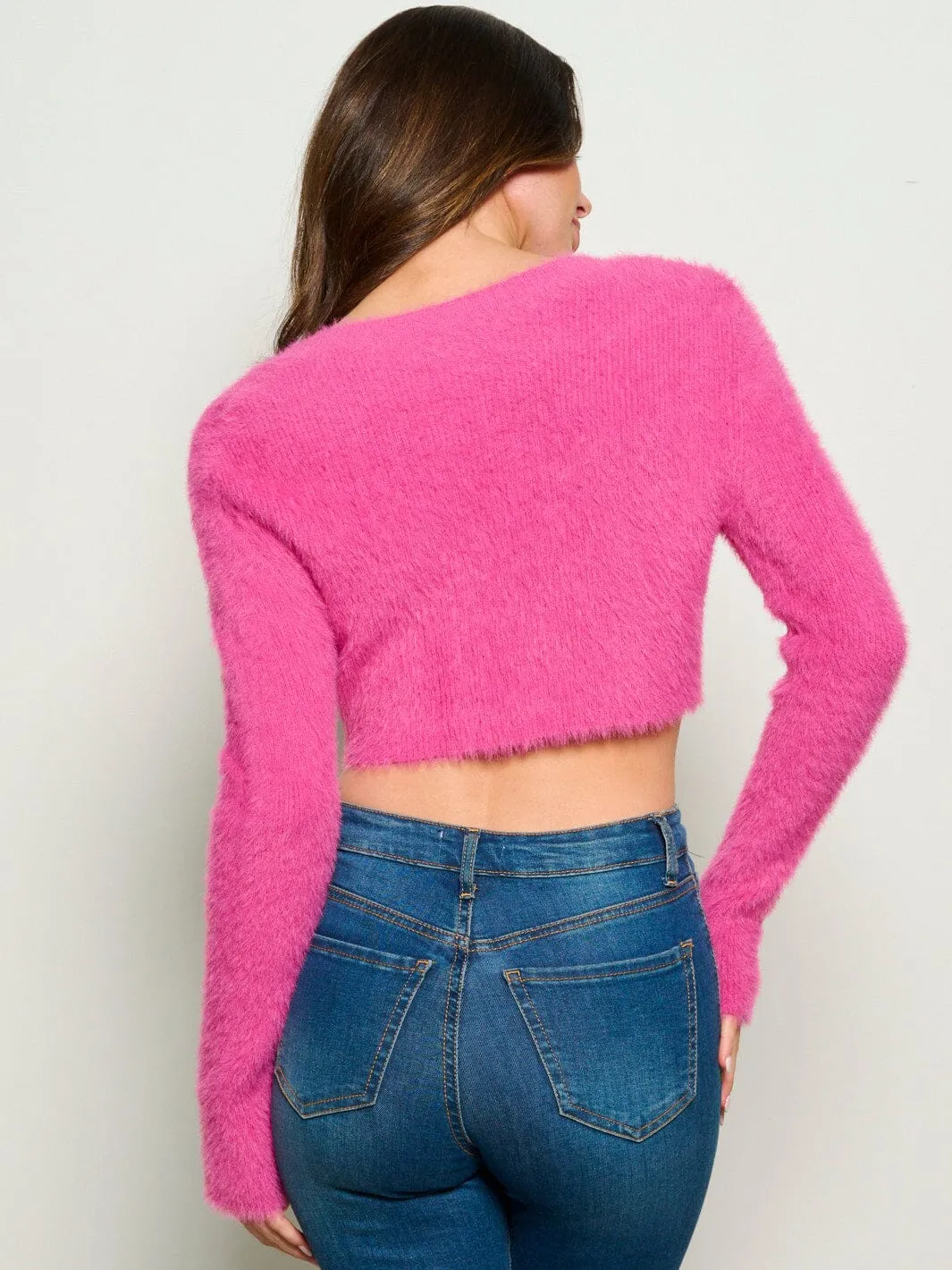 WOMEN'S LONG SLEEVE BUTTON UP V NECK CROP TOP