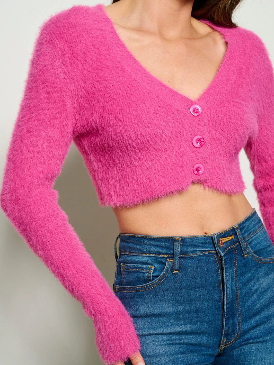 WOMEN'S LONG SLEEVE BUTTON UP V NECK CROP TOP