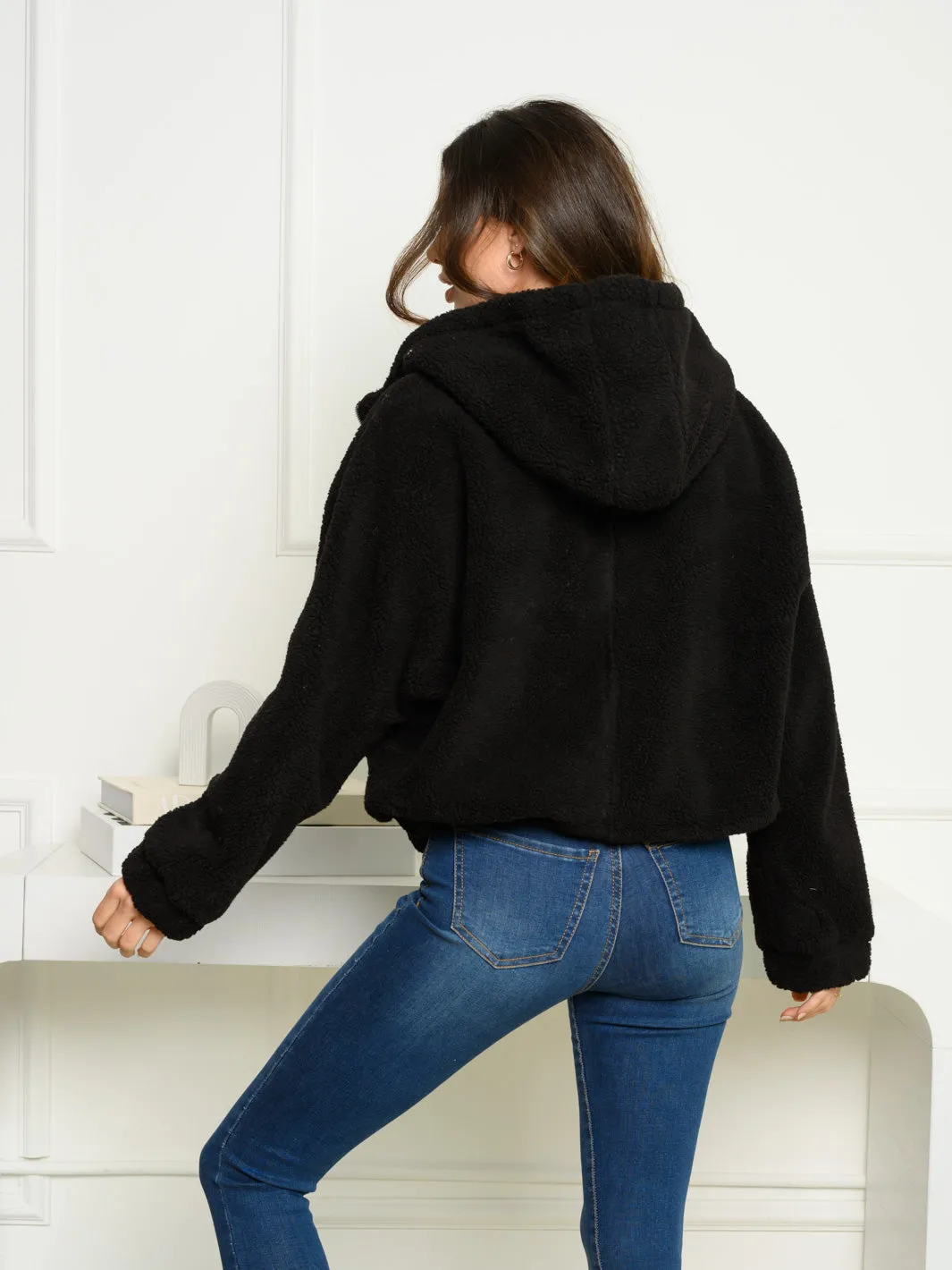 WOMEN'S LONG SLEEVE HOODED ZIP UP SHERPA JACKET
