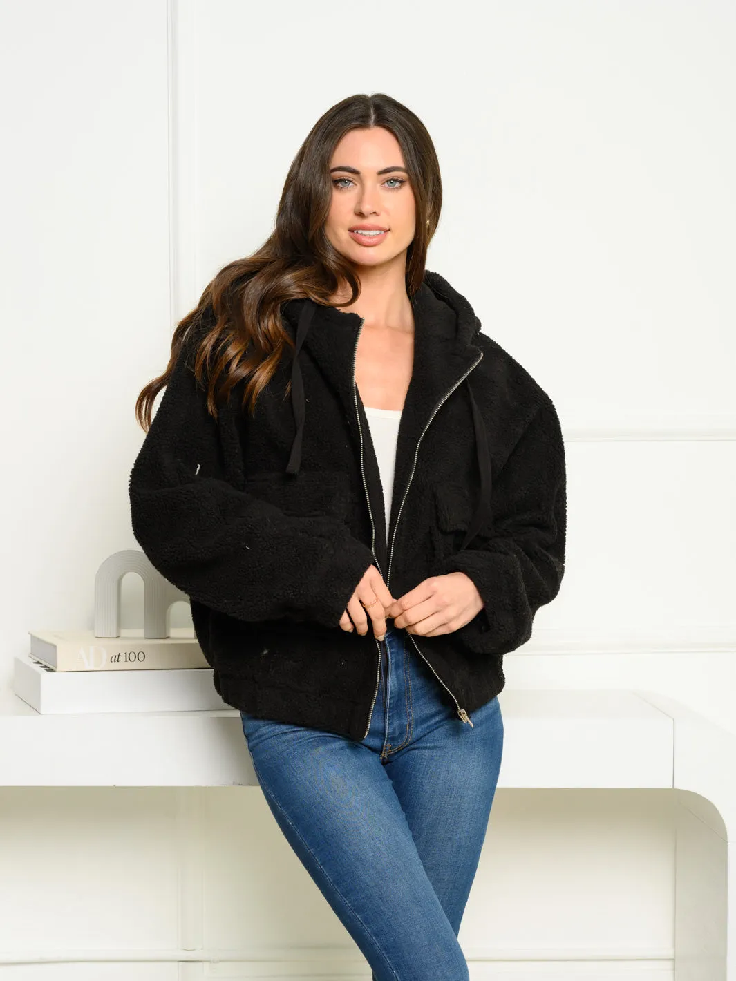WOMEN'S LONG SLEEVE HOODED ZIP UP SHERPA JACKET