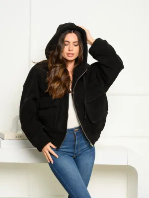 WOMEN'S LONG SLEEVE HOODED ZIP UP SHERPA JACKET