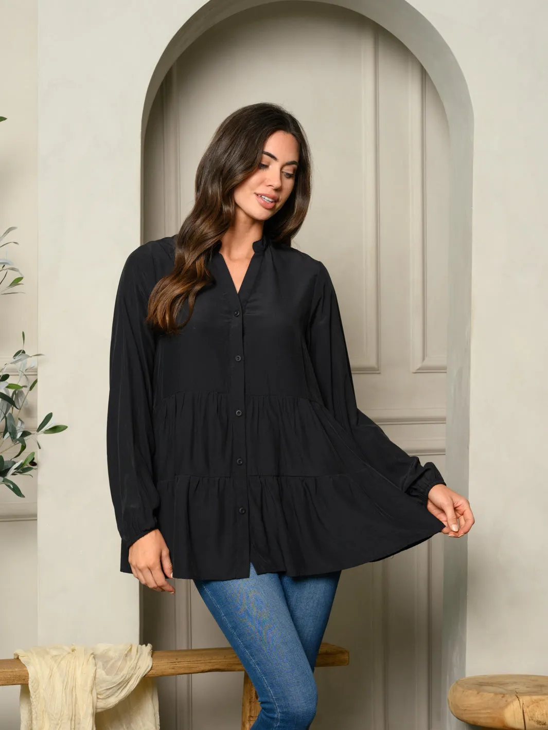 WOMENS LONG SLEEVE LONG TUNIC TIERED TOP