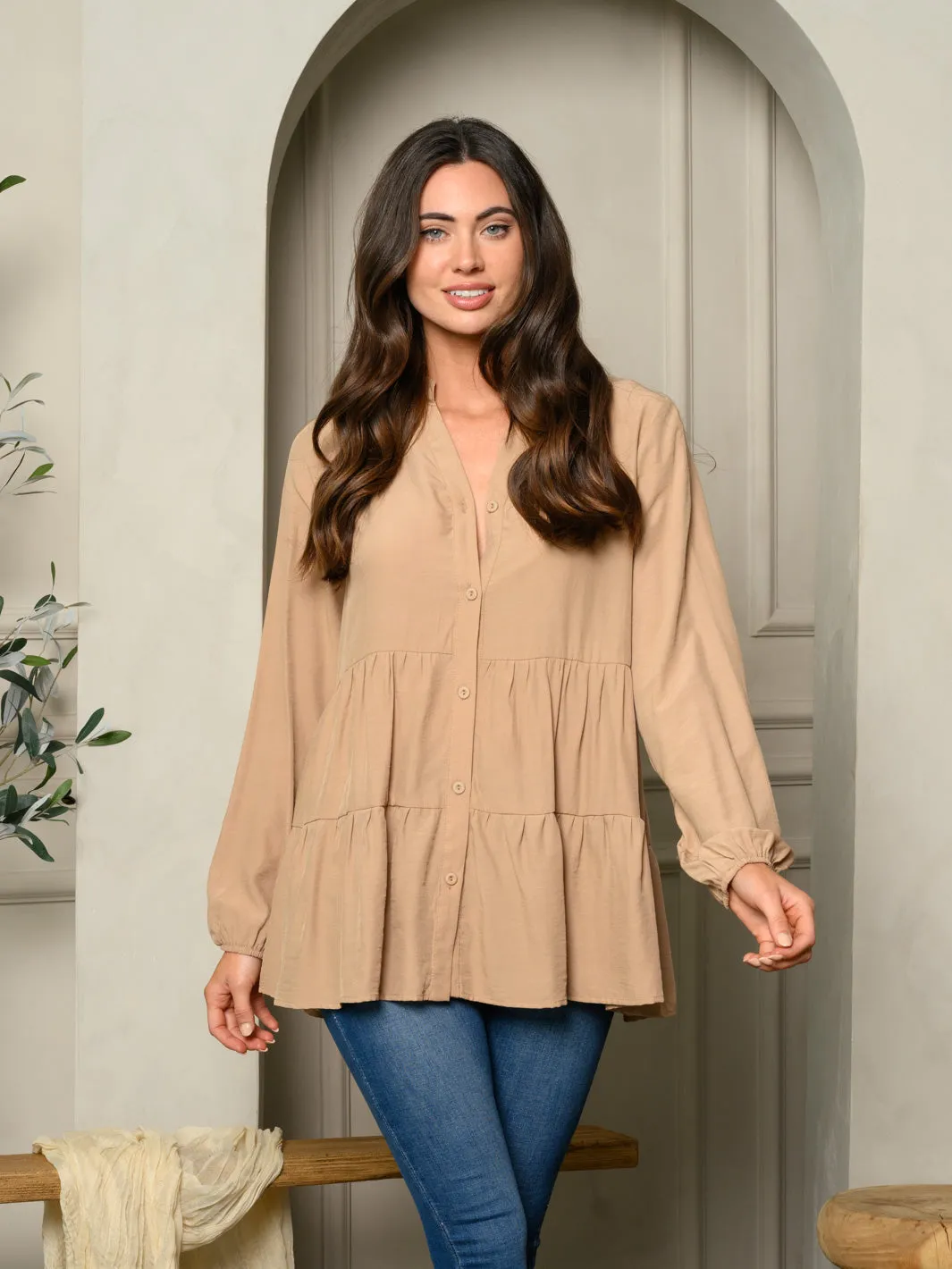 WOMENS LONG SLEEVE LONG TUNIC TIERED TOP