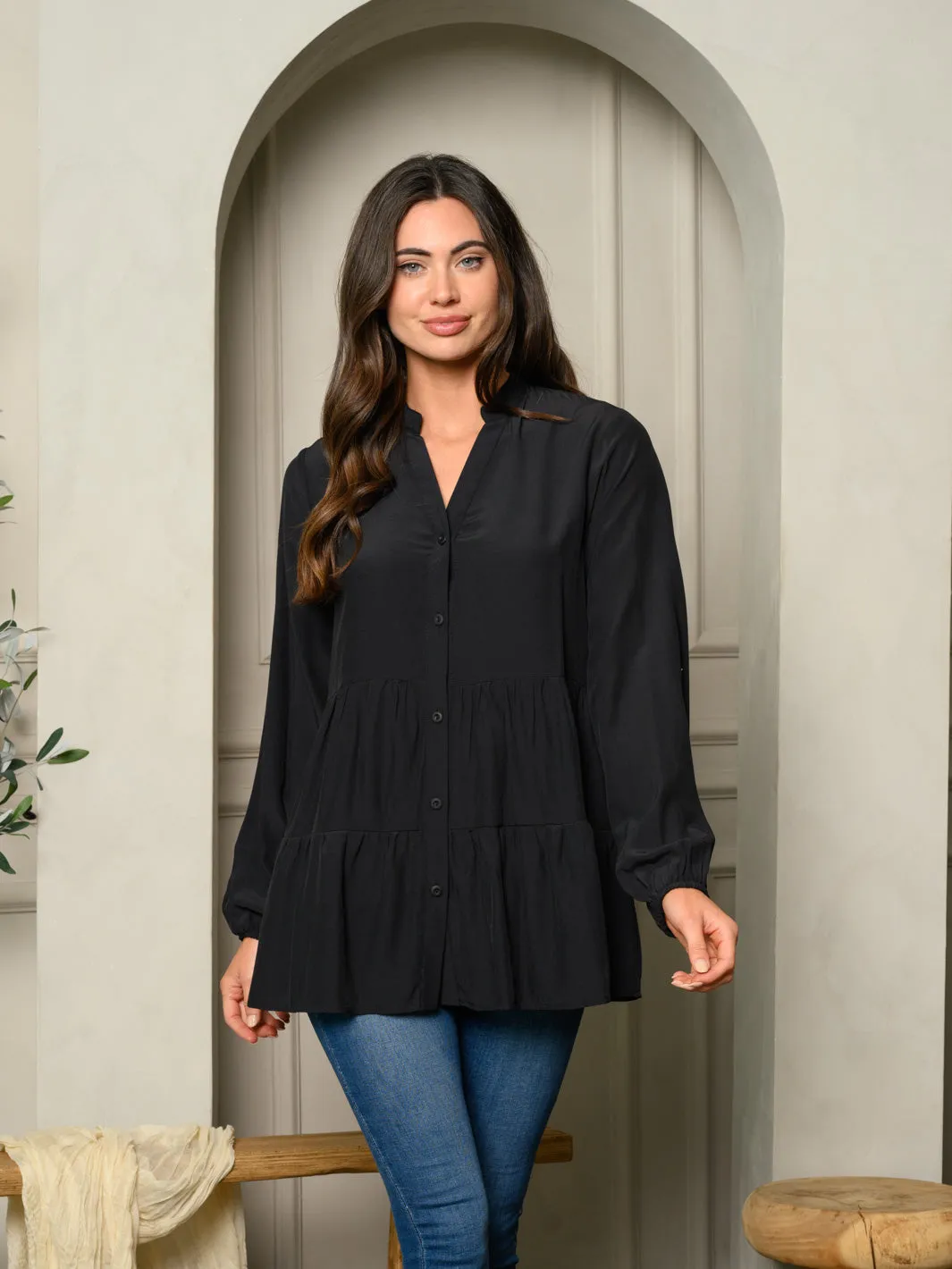 WOMENS LONG SLEEVE LONG TUNIC TIERED TOP