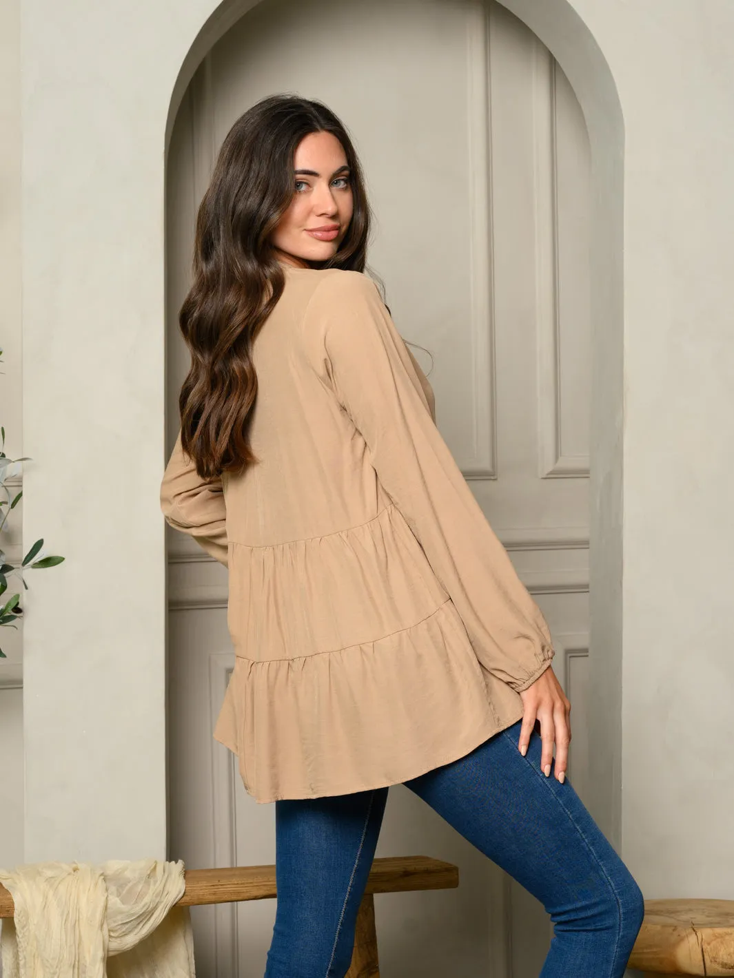 WOMENS LONG SLEEVE LONG TUNIC TIERED TOP