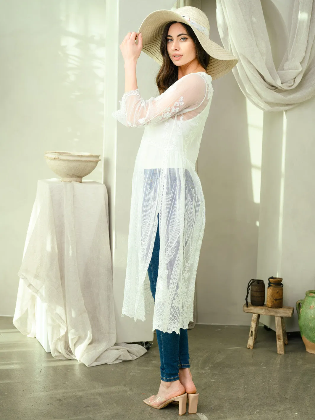 WOMEN'S LONG SLEEVE SOLID LACE COVER UP TOP