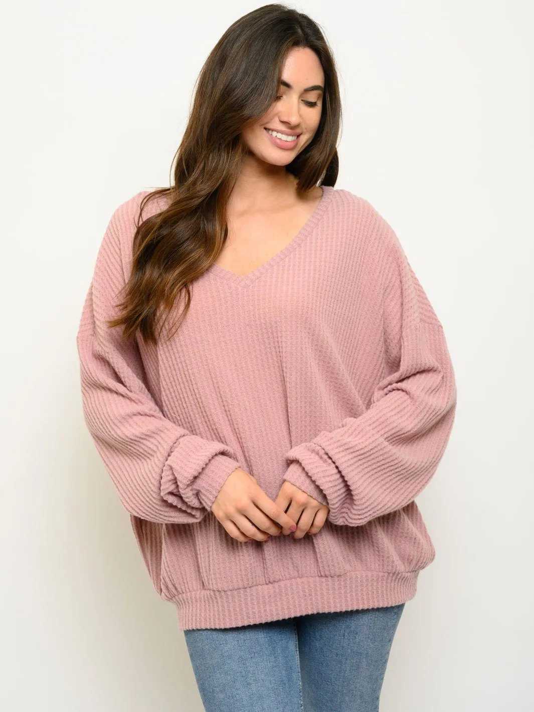 WOMEN'S LONG SLEEVE SOLID V-NECK WAFFLE TOP